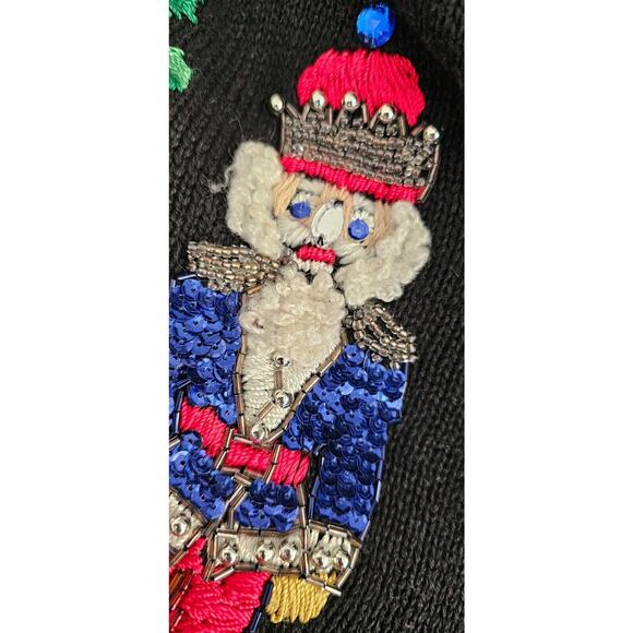 Vtg Christmas Cardigan Sweater Petite Small Victoria Jones Beaded 3D Nutcrackers - Picture 8 of 10